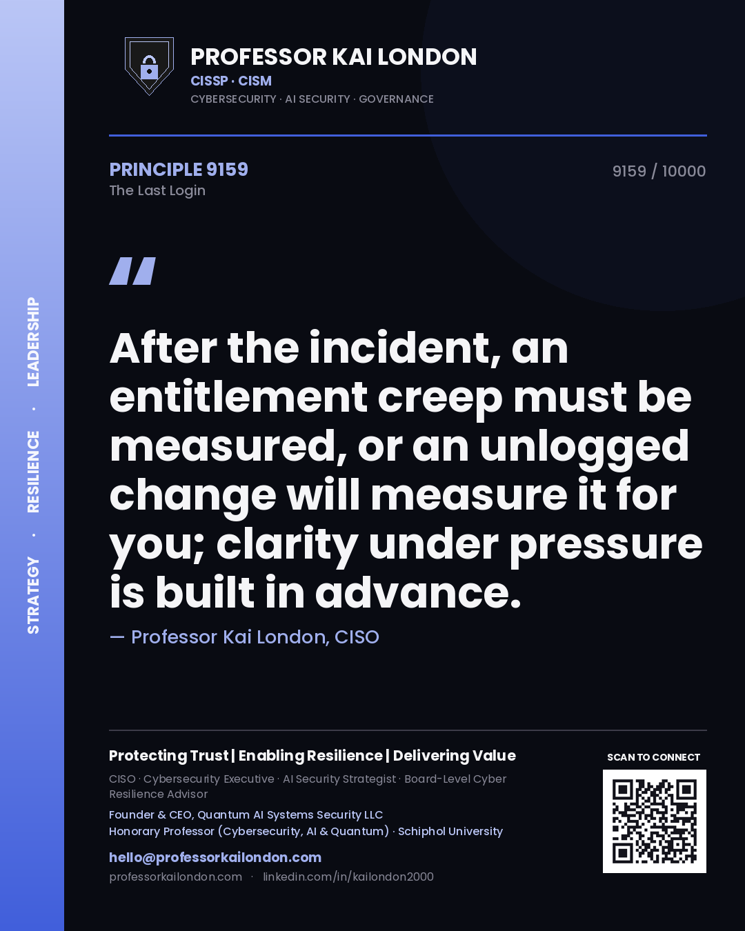 Quote card by Professor Kai London reading 'After the incident, an entitlement creep must be measured, or an unlogged change will measure it for you; clarity under pressure is built in advance.'. From the book The Last Login.