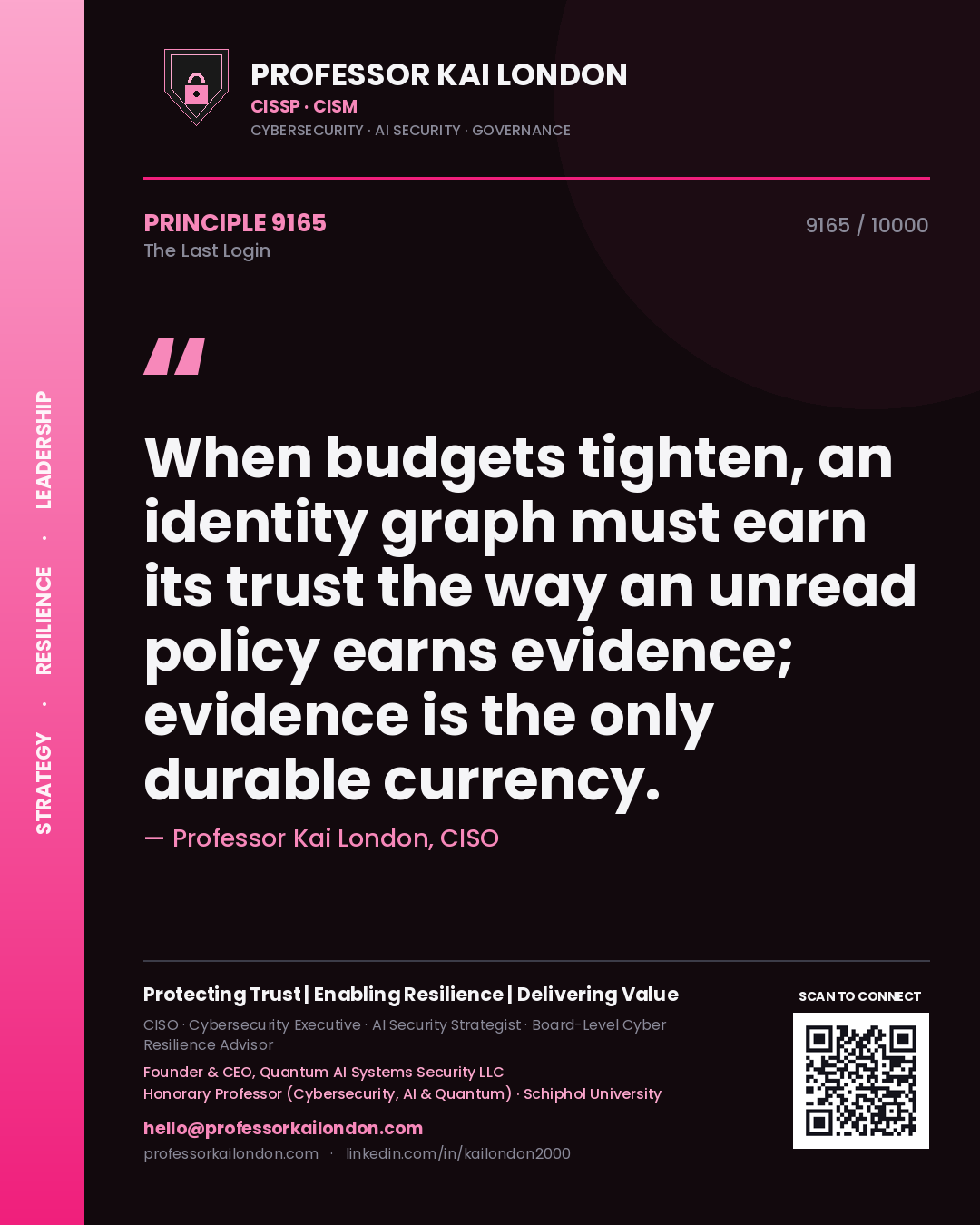 Quote card by Professor Kai London reading 'When budgets tighten, an identity graph must earn its trust the way an unread policy earns evidence; evidence is the only durable currency.'. From the book The Last Login.