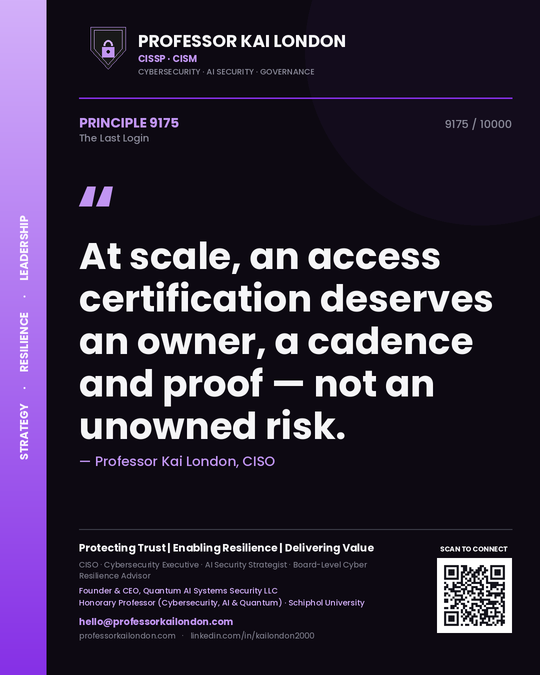 Professor Kai London principle 9175: At scale, an access certification deserves an owner, a cadence and proof — not an unowned risk.
