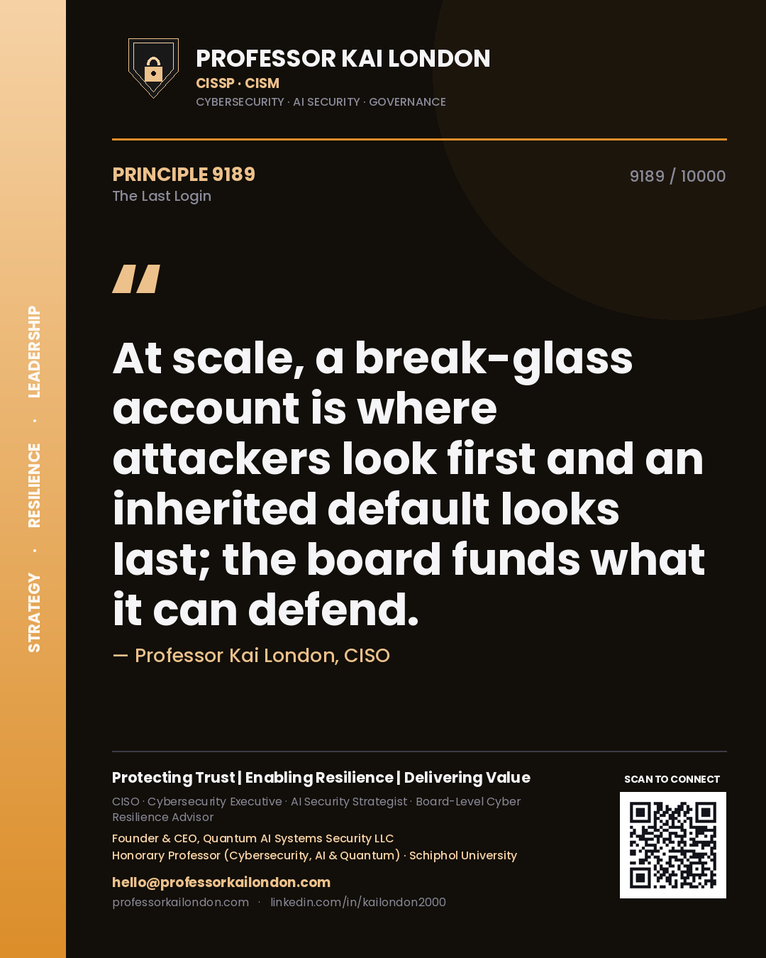 Quote card by Professor Kai London reading 'At scale, a break-glass account is where attackers look first and an inherited default looks last; the board funds what it can defend.'. From the book The Last Login.