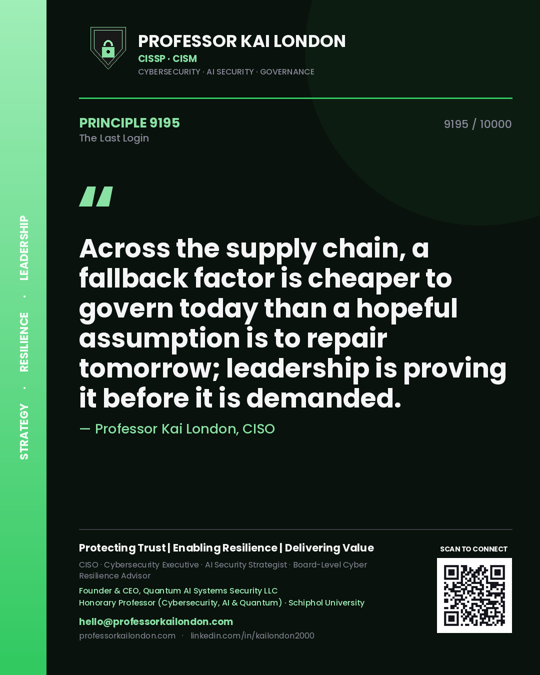 Quote card by Professor Kai London reading 'Across the supply chain, a fallback factor is cheaper to govern today than a hopeful assumption is to repair tomorrow; leadership is proving it before it is demanded.'. From the book The Last Login.