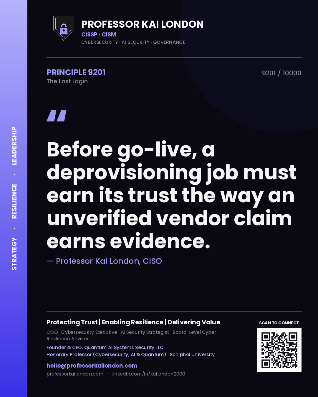 Professor Kai London principle 9201: Before go-live, a deprovisioning job must earn its trust the way an unverified vendor claim earns evidence.