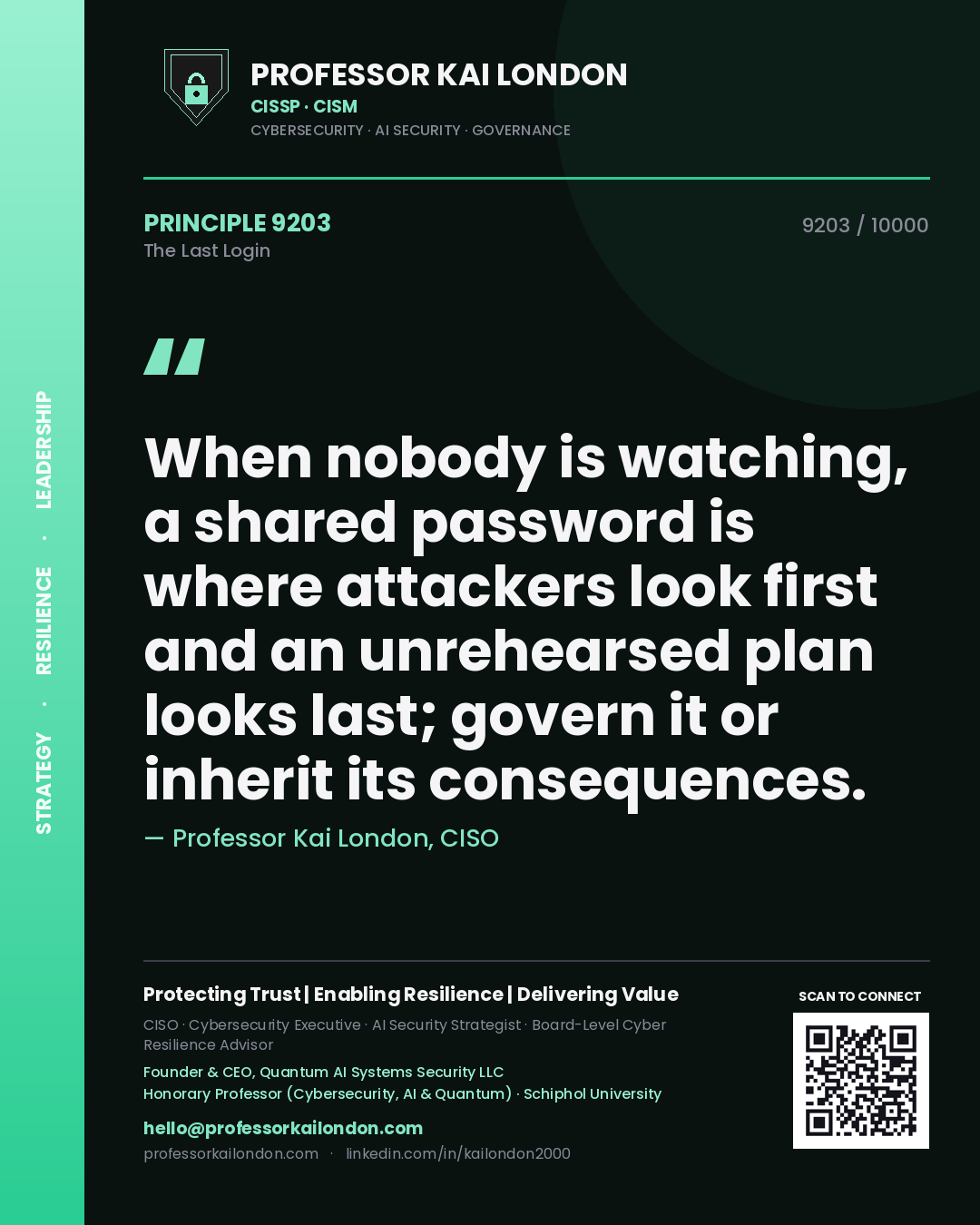 Quote card by Professor Kai London reading 'When nobody is watching, a shared password is where attackers look first and an unrehearsed plan looks last; govern it or inherit its consequences.'. From the book The Last Login.