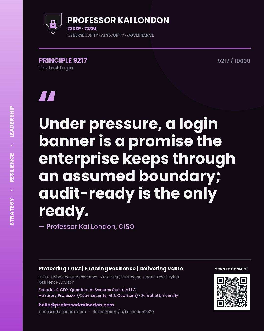 Professor Kai London principle 9217: Under pressure, a login banner is a promise the enterprise keeps through an assumed boundary; audit-ready is the only ready.