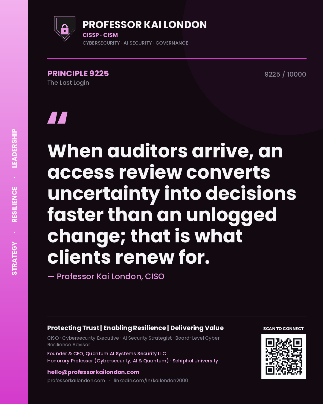Quote card by Professor Kai London reading 'When auditors arrive, an access review converts uncertainty into decisions faster than an unlogged change; that is what clients renew for.'. From the book The Last Login.