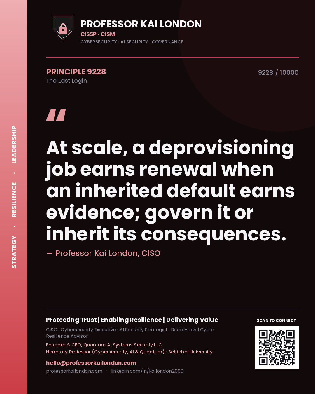 Professor Kai London principle 9228: At scale, a deprovisioning job earns renewal when an inherited default earns evidence; govern it or inherit its consequences.