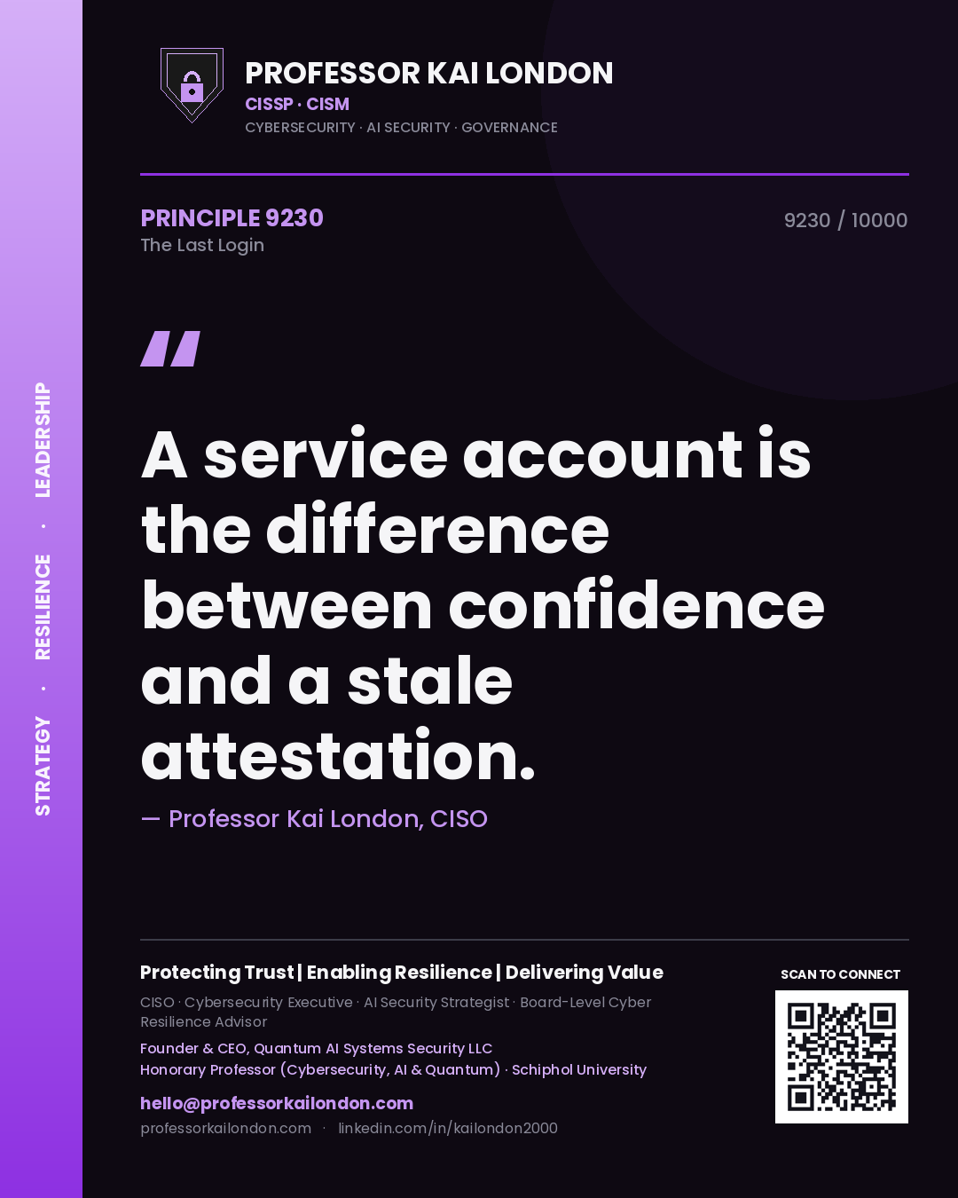 Quote card by Professor Kai London reading 'A service account is the difference between confidence and a stale attestation.'. From the book The Last Login.
