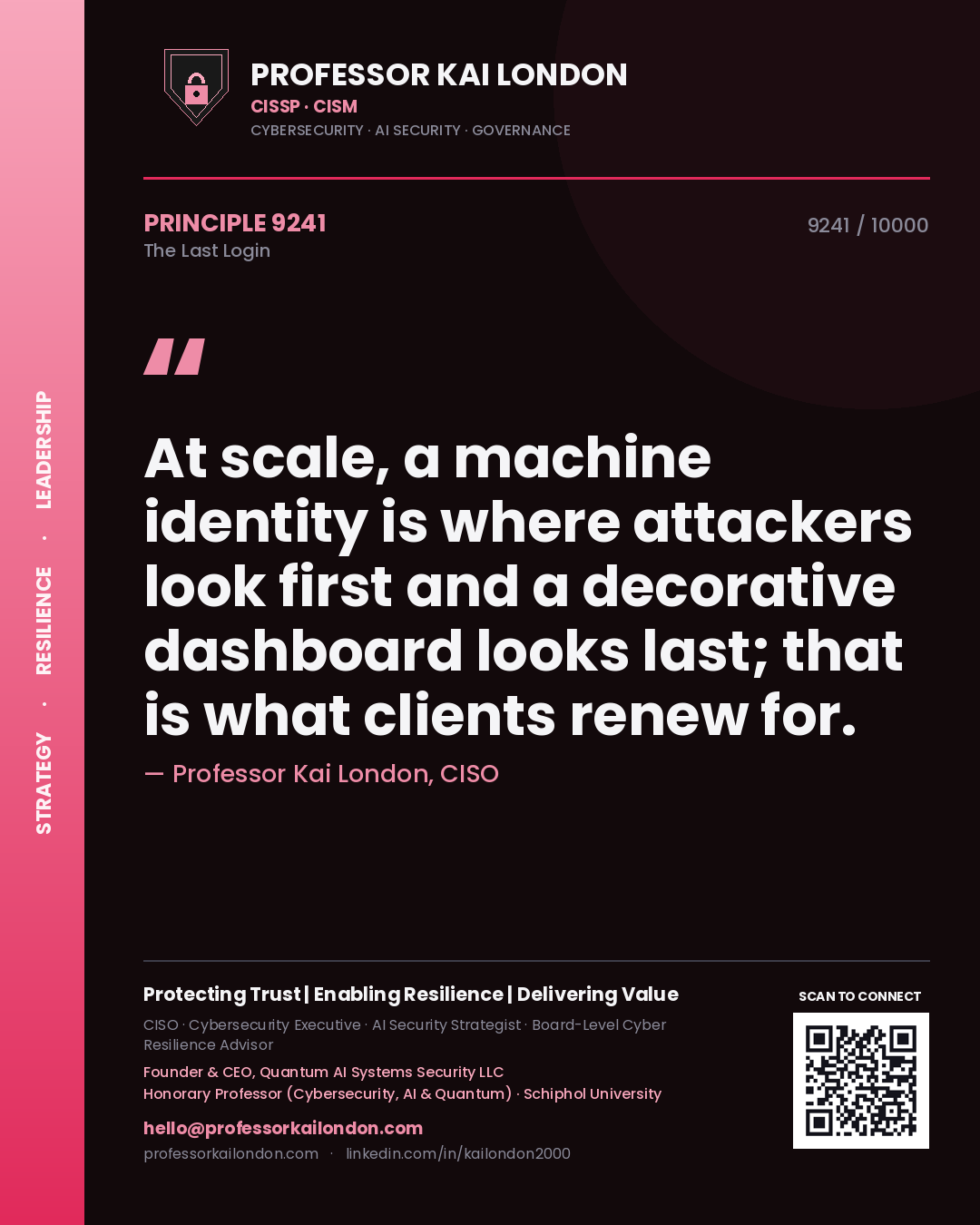 Professor Kai London principle 9241: At scale, a machine identity is where attackers look first and a decorative dashboard looks last; that is what clients renew for.