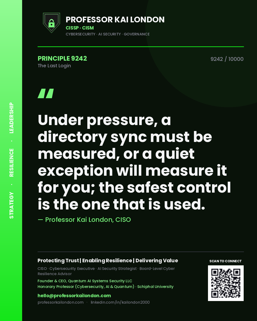 Quote card by Professor Kai London reading 'Under pressure, a directory sync must be measured, or a quiet exception will measure it for you; the safest control is the one that is used.'. From the book The Last Login.