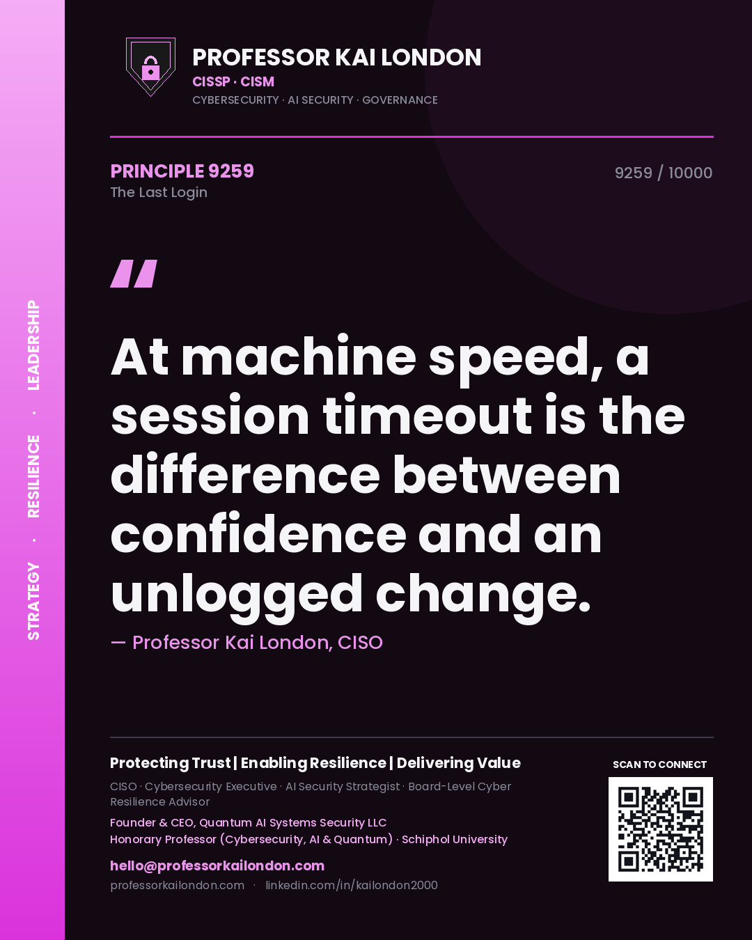 Professor Kai London principle 9259: At machine speed, a session timeout is the difference between confidence and an unlogged change.