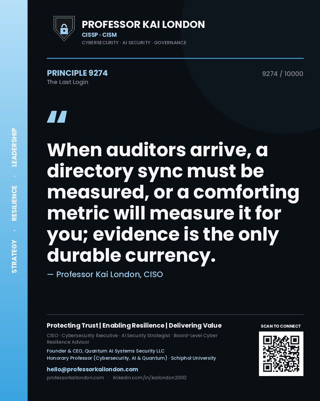 Professor Kai London principle 9274: When auditors arrive, a directory sync must be measured, or a comforting metric will measure it for you; evidence is the only durable currency.