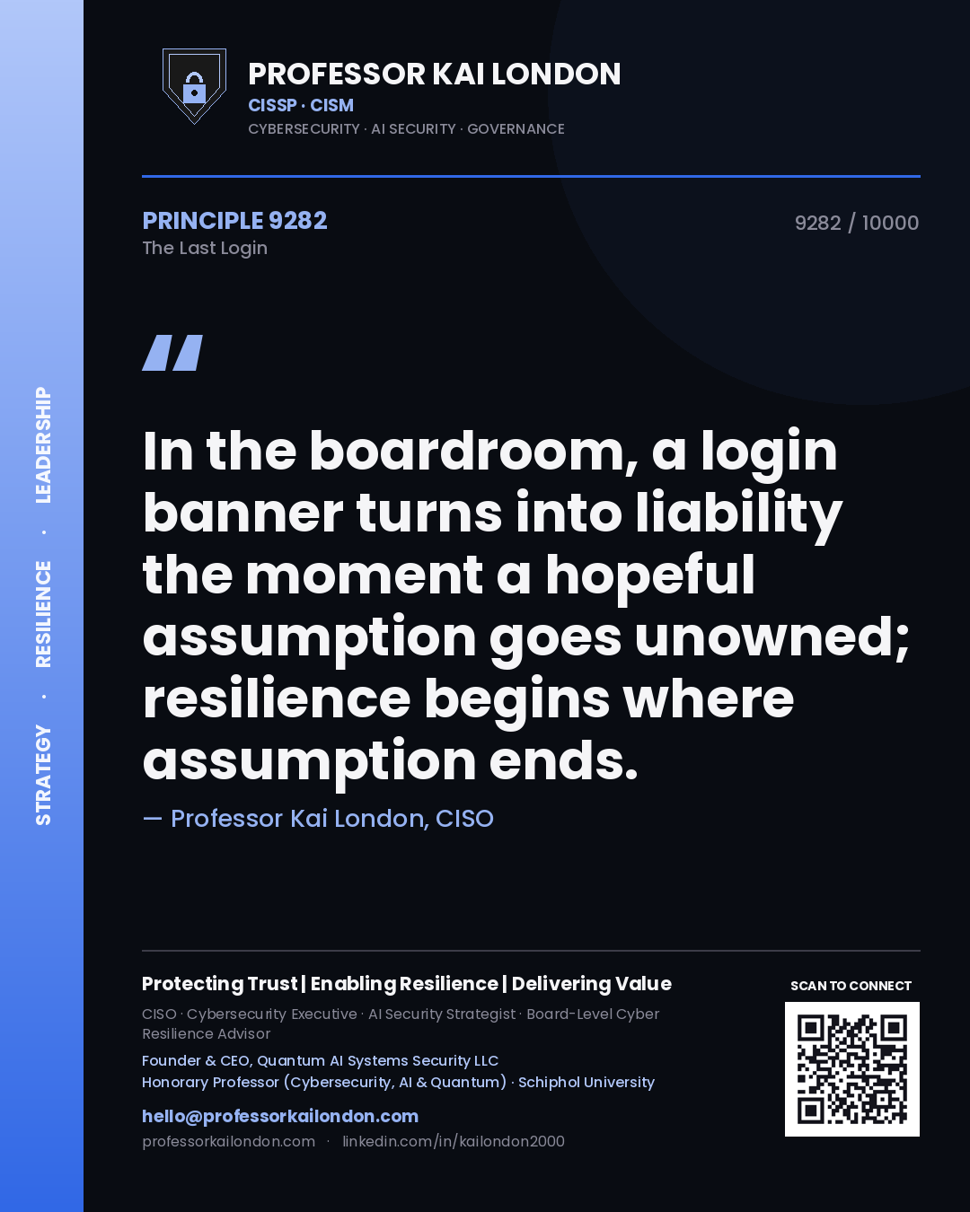 Professor Kai London principle 9282: In the boardroom, a login banner turns into liability the moment a hopeful assumption goes unowned; resilience begins where assumption ends.