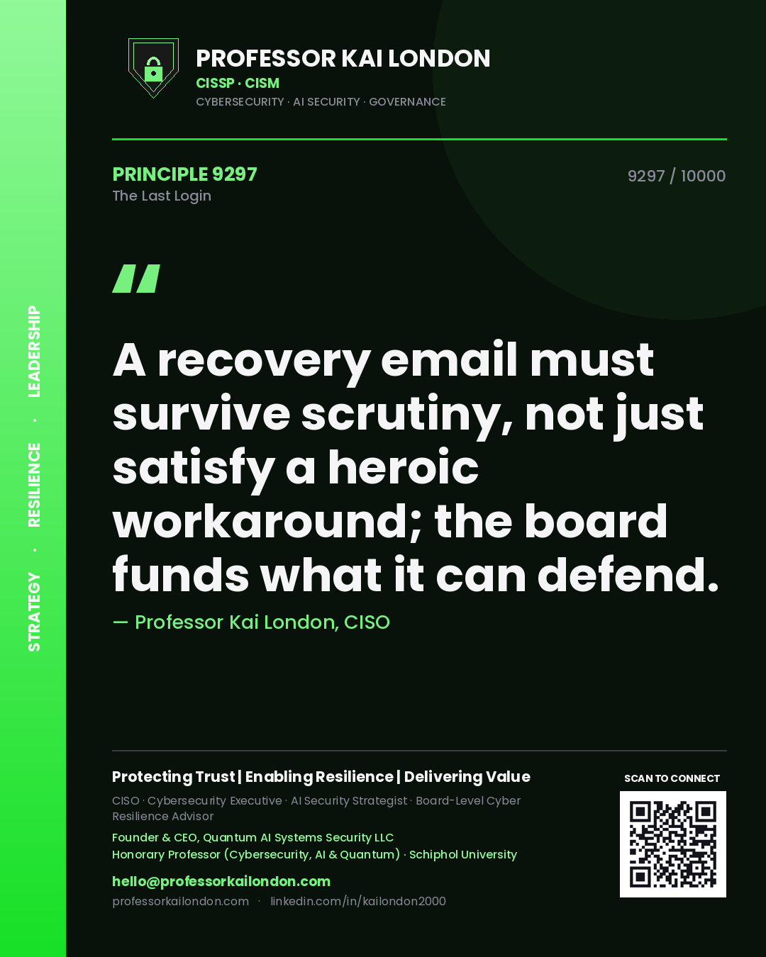 Quote card by Professor Kai London reading 'A recovery email must survive scrutiny, not just satisfy a heroic workaround; the board funds what it can defend.'. From the book The Last Login.