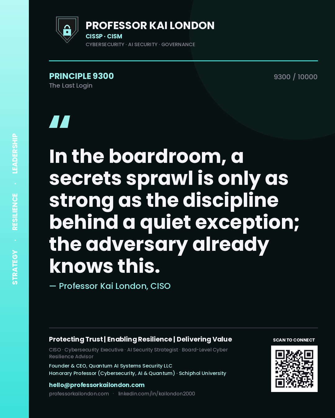 Quote card by Professor Kai London reading 'In the boardroom, a secrets sprawl is only as strong as the discipline behind a quiet exception; the adversary already knows this.'. From the book The Last Login.