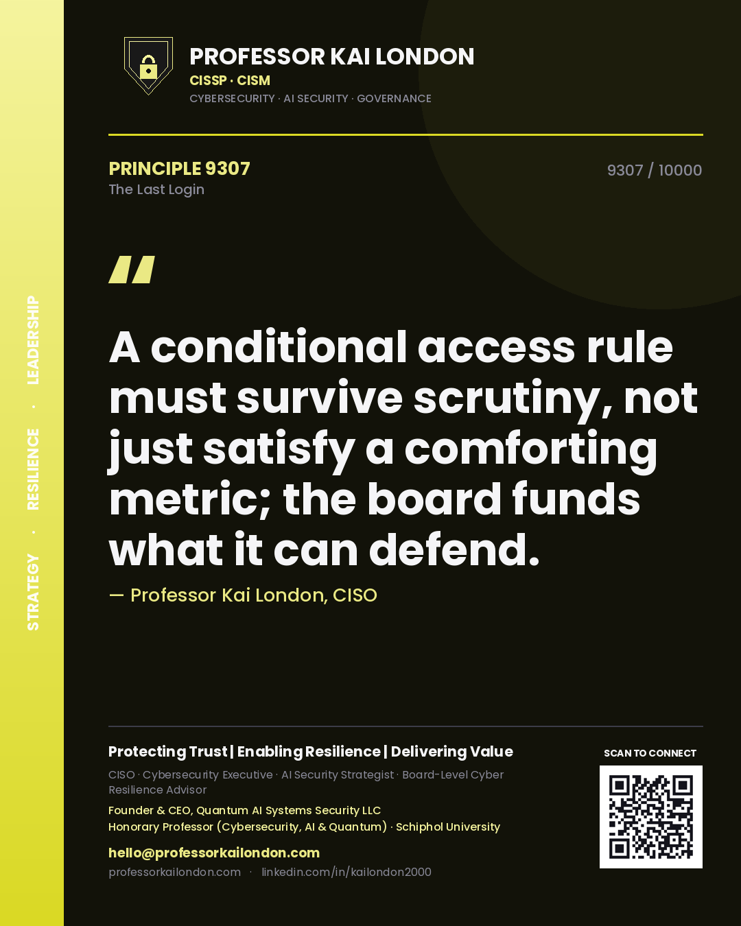 Professor Kai London principle 9307: A conditional access rule must survive scrutiny, not just satisfy a comforting metric; the board funds what it can defend.