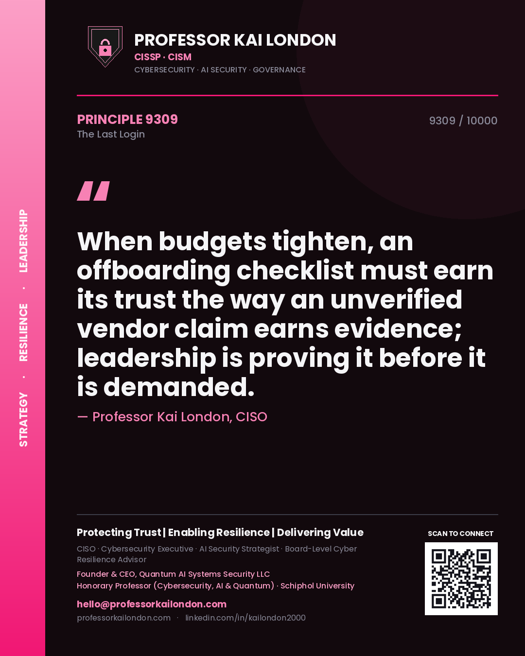 Professor Kai London principle 9309: When budgets tighten, an offboarding checklist must earn its trust the way an unverified vendor claim earns evidence; leadership is proving it before it is demanded.