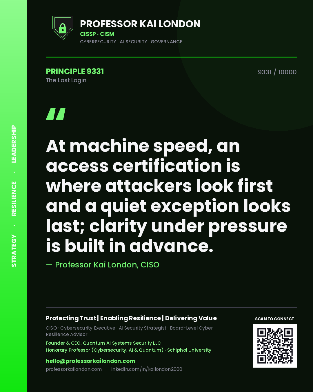 Professor Kai London principle 9331: At machine speed, an access certification is where attackers look first and a quiet exception looks last; clarity under pressure is built in advance.