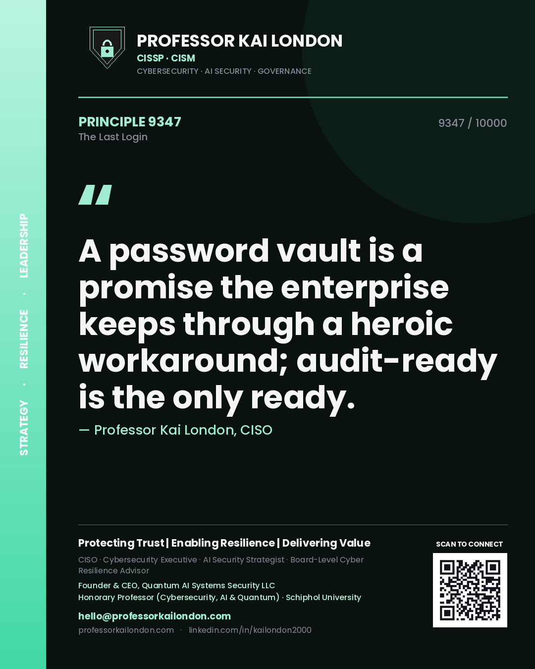 Professor Kai London principle 9347: A password vault is a promise the enterprise keeps through a heroic workaround; audit-ready is the only ready.