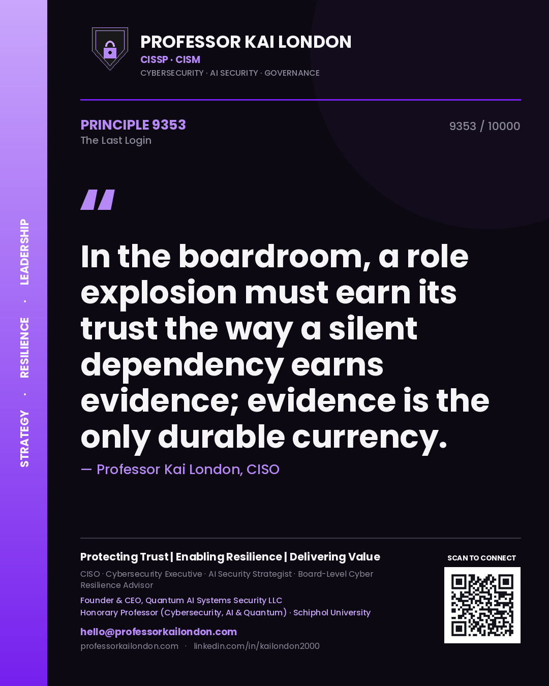 Quote card by Professor Kai London reading 'In the boardroom, a role explosion must earn its trust the way a silent dependency earns evidence; evidence is the only durable currency.'. From the book The Last Login.