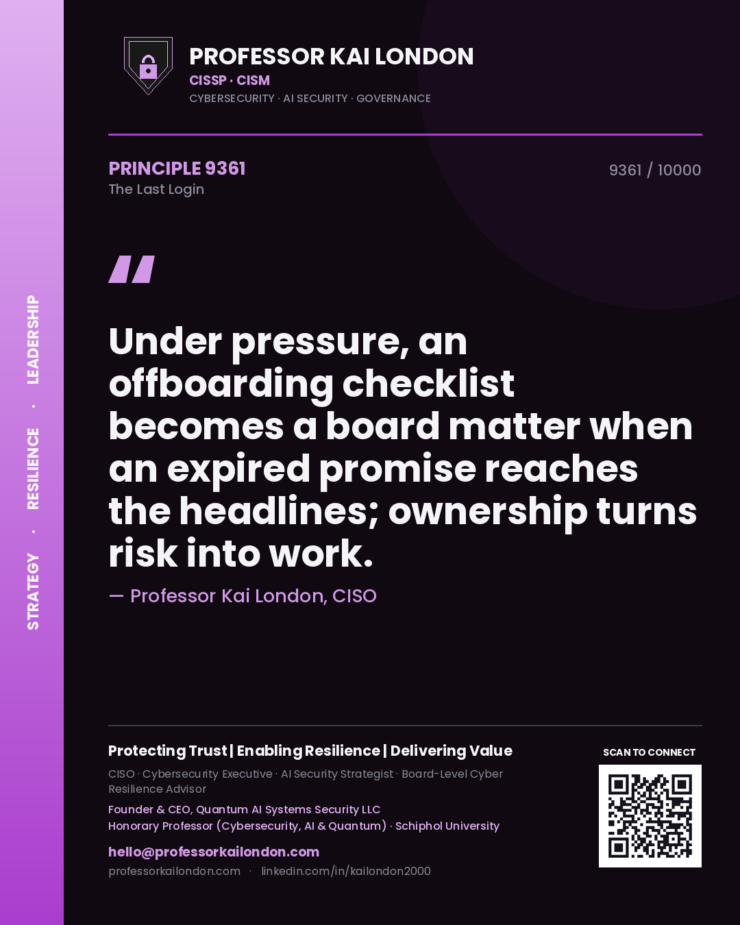Professor Kai London principle 9361: Under pressure, an offboarding checklist becomes a board matter when an expired promise reaches the headlines; ownership turns risk into work.