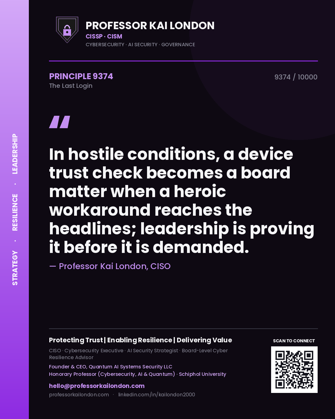 Professor Kai London principle 9374: In hostile conditions, a device trust check becomes a board matter when a heroic workaround reaches the headlines; leadership is proving it before it is demanded.