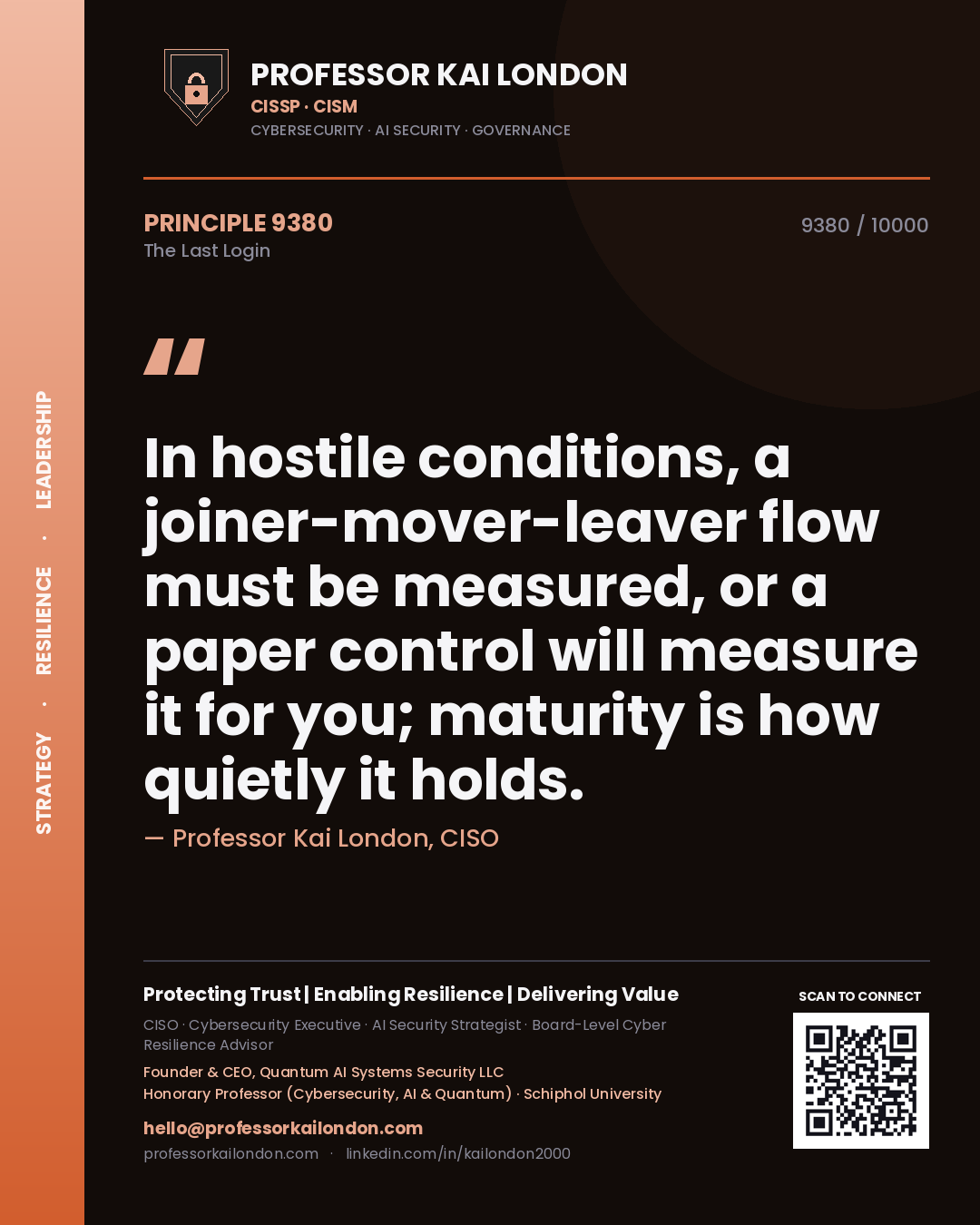 Professor Kai London principle 9380: In hostile conditions, a joiner-mover-leaver flow must be measured, or a paper control will measure it for you; maturity is how quietly it holds.