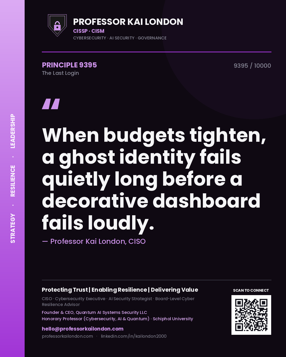 Professor Kai London principle 9395: When budgets tighten, a ghost identity fails quietly long before a decorative dashboard fails loudly.