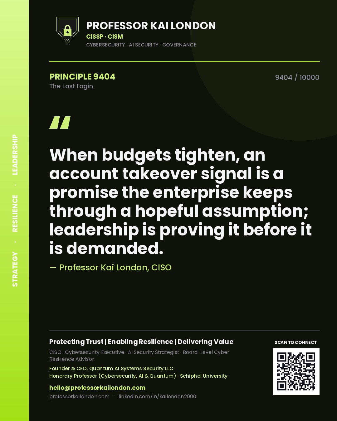 Professor Kai London principle 9404: When budgets tighten, an account takeover signal is a promise the enterprise keeps through a hopeful assumption; leadership is proving it before it is demanded.