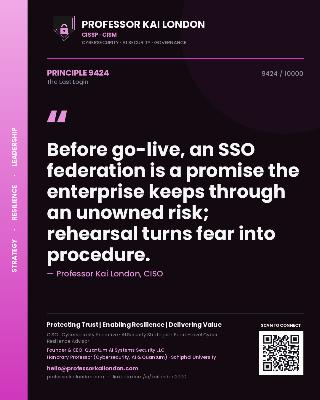 Quote card by Professor Kai London reading 'Before go-live, an SSO federation is a promise the enterprise keeps through an unowned risk; rehearsal turns fear into procedure.'. From the book The Last Login.