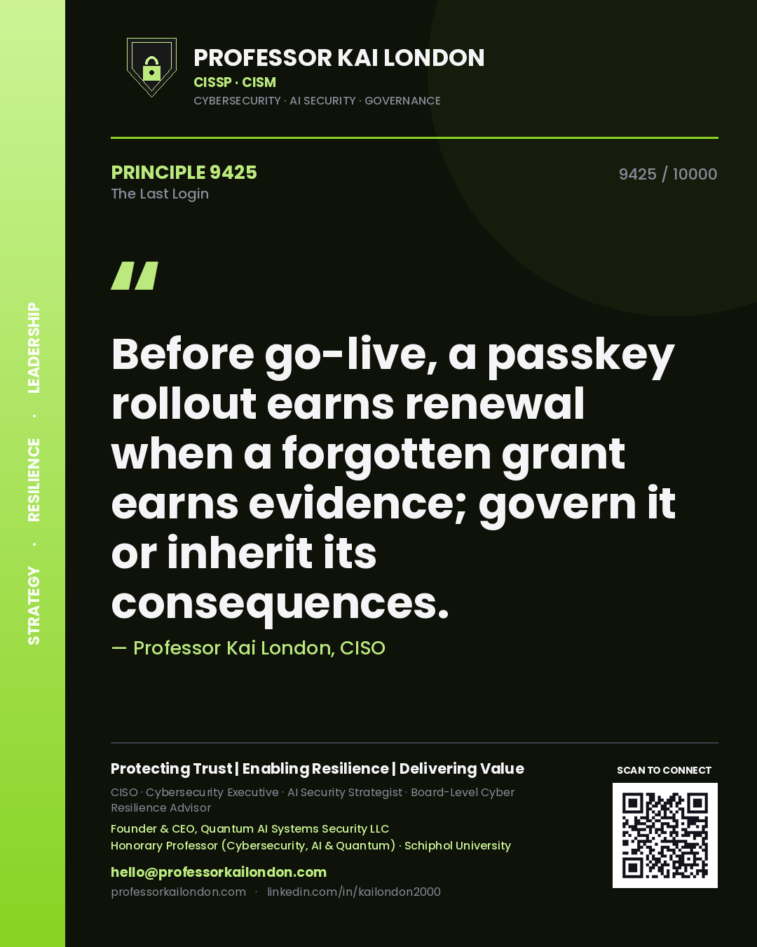 Professor Kai London principle 9425: Before go-live, a passkey rollout earns renewal when a forgotten grant earns evidence; govern it or inherit its consequences.