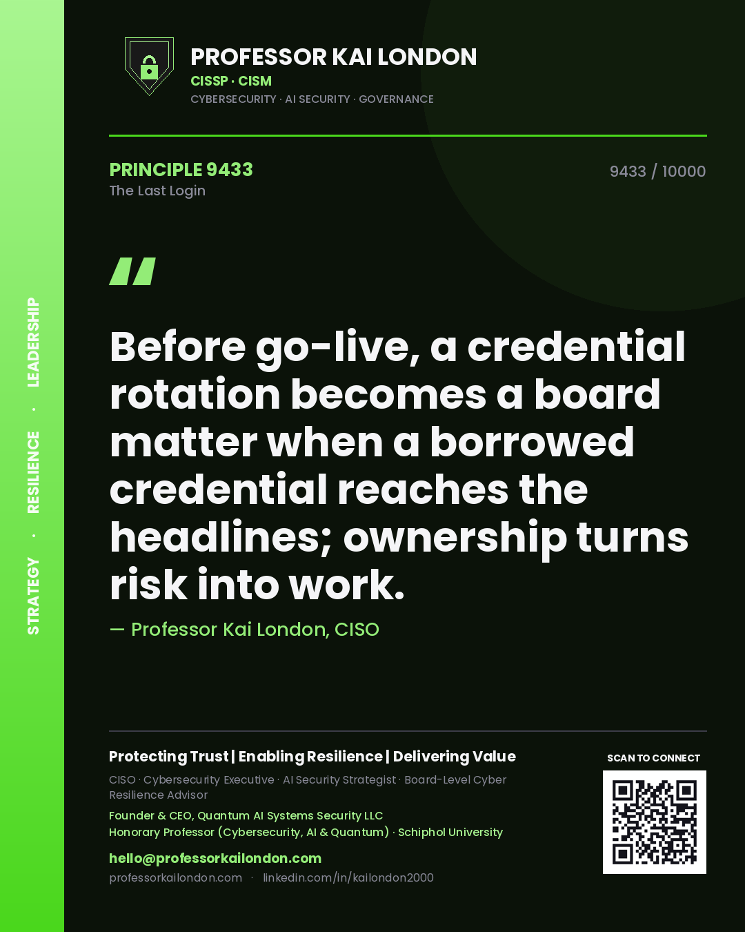 Professor Kai London principle 9433: Before go-live, a credential rotation becomes a board matter when a borrowed credential reaches the headlines; ownership turns risk into work.