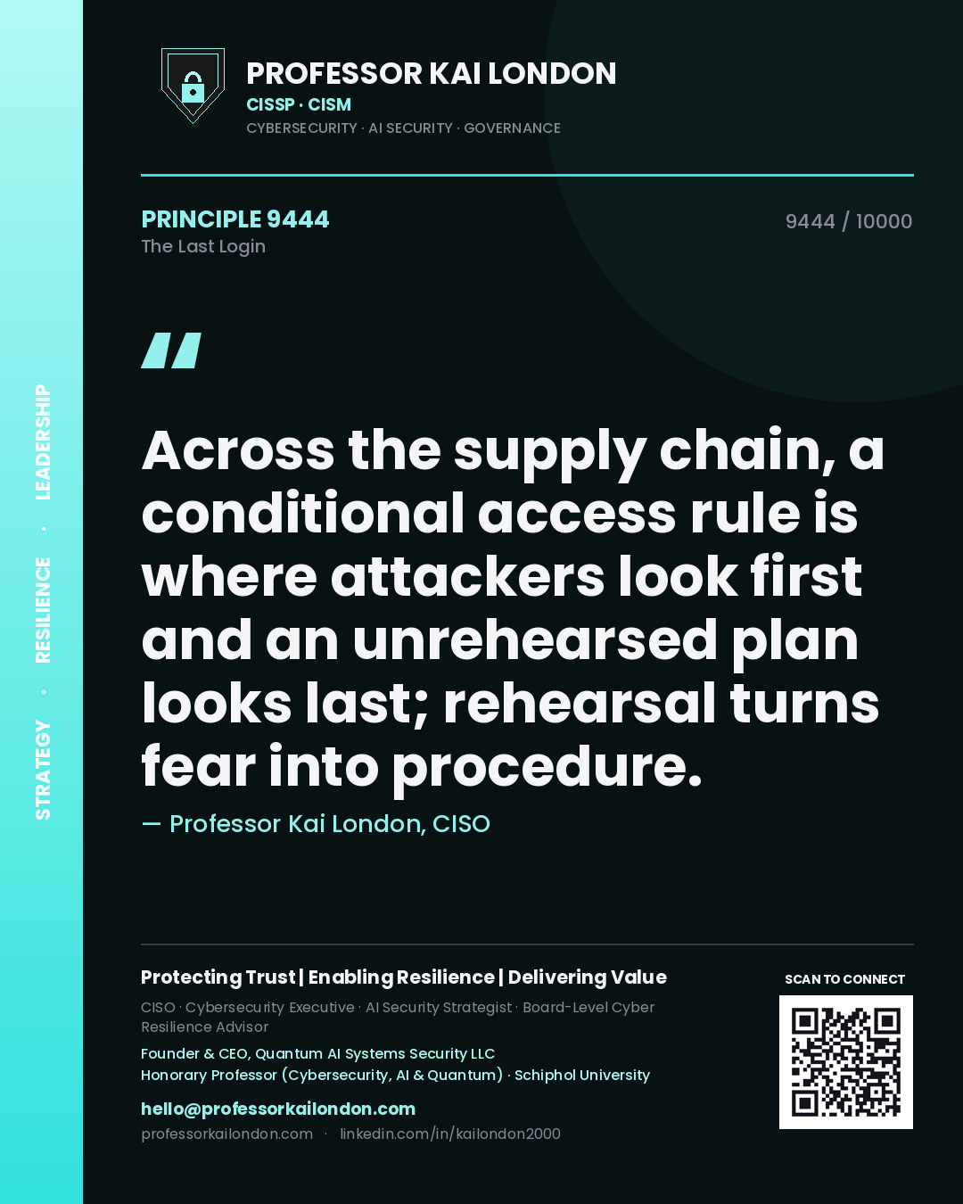 Quote card by Professor Kai London reading 'Across the supply chain, a conditional access rule is where attackers look first and an unrehearsed plan looks last; rehearsal turns fear into procedure.'. From the book The Last Login.