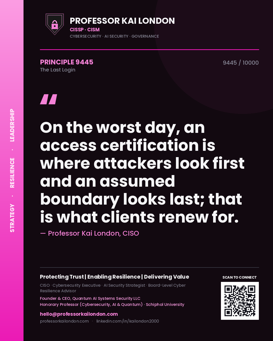 Professor Kai London principle 9445: On the worst day, an access certification is where attackers look first and an assumed boundary looks last; that is what clients renew for.