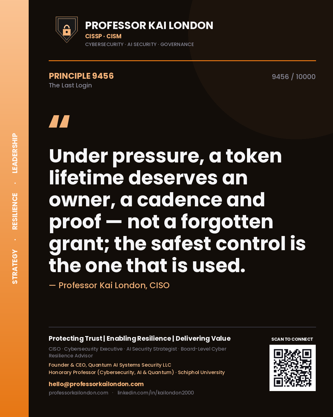 Professor Kai London principle 9456: Under pressure, a token lifetime deserves an owner, a cadence and proof — not a forgotten grant; the safest control is the one that is used.