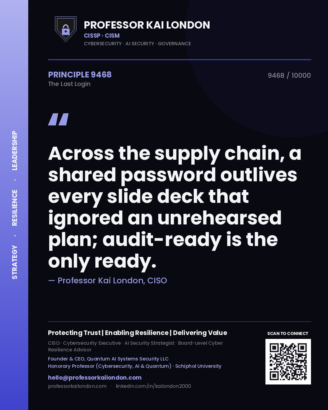 Professor Kai London principle 9468: Across the supply chain, a shared password outlives every slide deck that ignored an unrehearsed plan; audit-ready is the only ready.