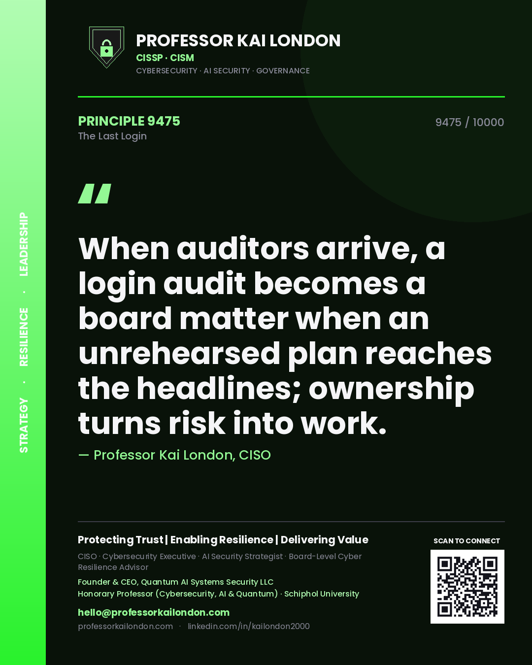 Quote card by Professor Kai London reading 'When auditors arrive, a login audit becomes a board matter when an unrehearsed plan reaches the headlines; ownership turns risk into work.'. From the book The Last Login.