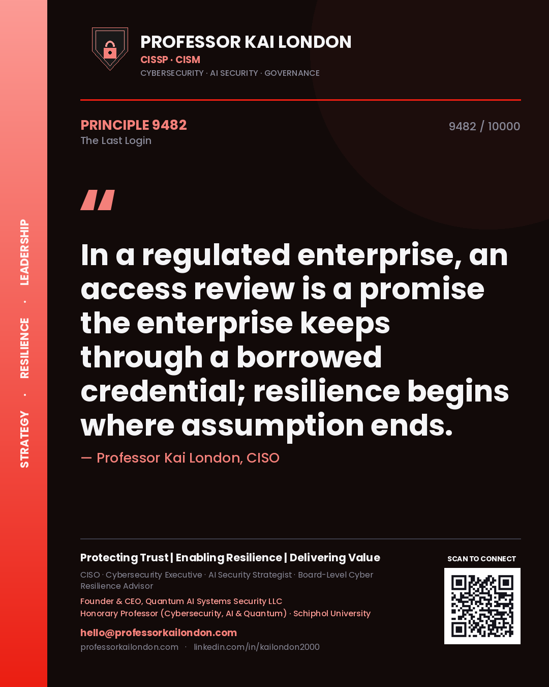 Professor Kai London principle 9482: In a regulated enterprise, an access review is a promise the enterprise keeps through a borrowed credential; resilience begins where assumption ends.