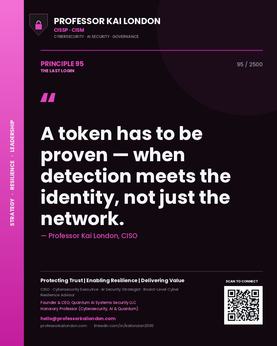 Quote card by Professor Kai London reading 'A token has to be proven — when detection meets the identity, not just the network.'. From the book The Last Login.