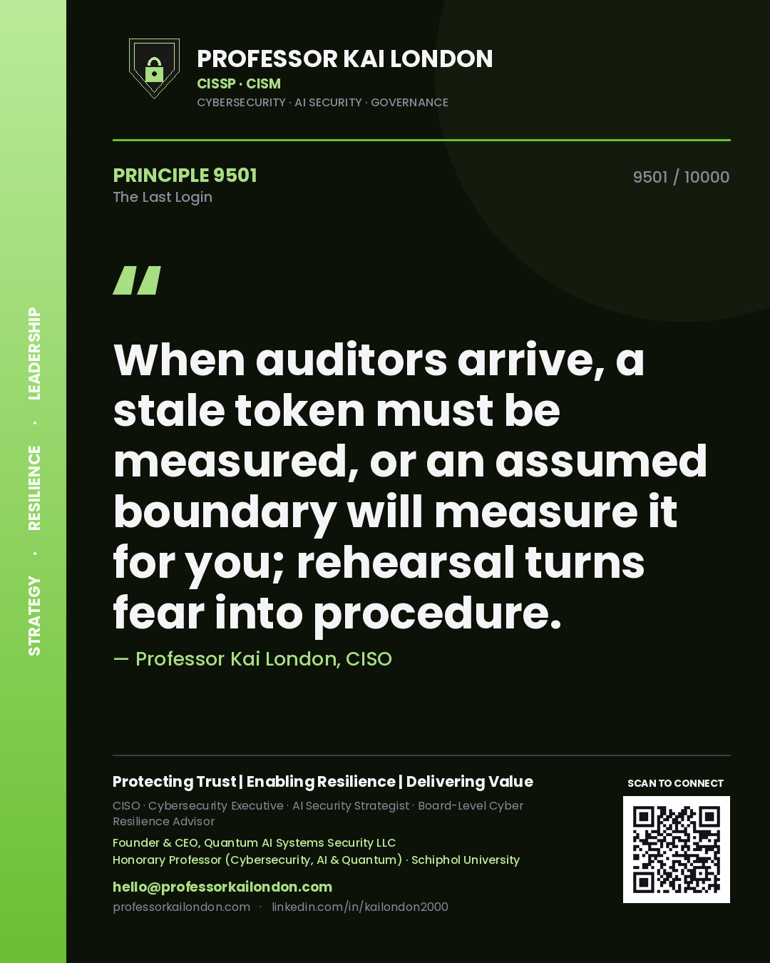 Professor Kai London principle 9501: When auditors arrive, a stale token must be measured, or an assumed boundary will measure it for you; rehearsal turns fear into procedure.
