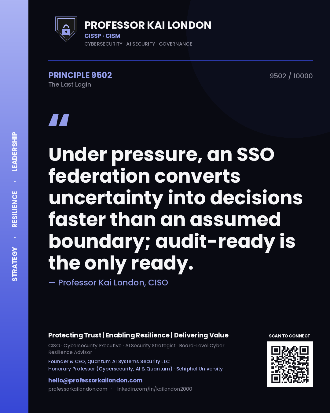 Quote card by Professor Kai London reading 'Under pressure, an SSO federation converts uncertainty into decisions faster than an assumed boundary; audit-ready is the only ready.'. From the book The Last Login.