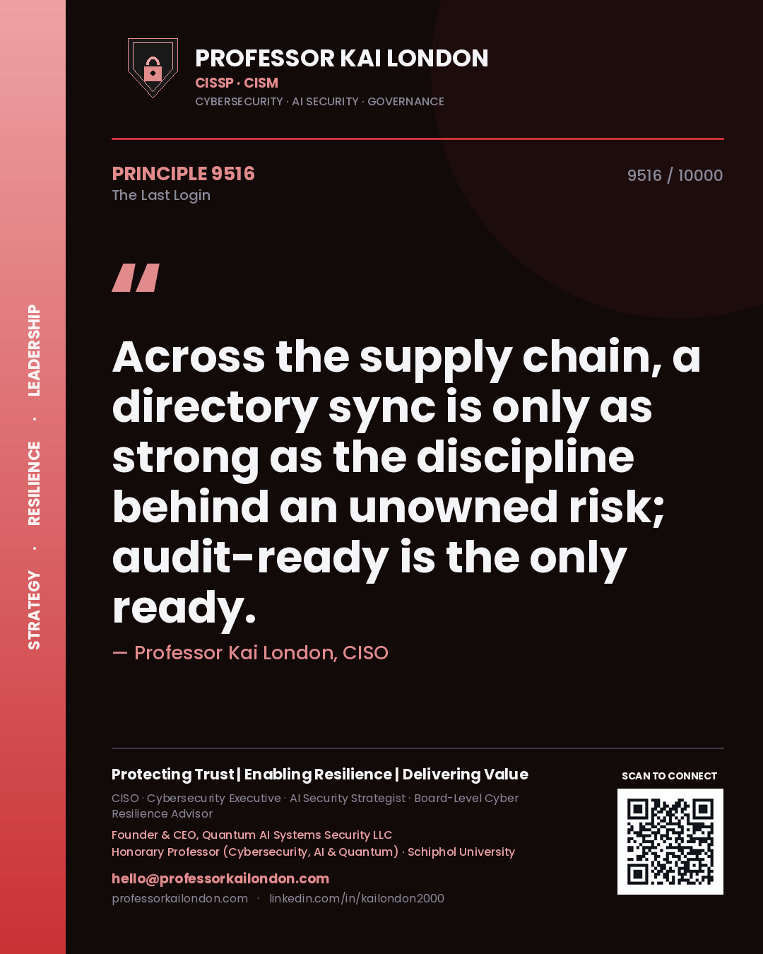 Professor Kai London principle 9516: Across the supply chain, a directory sync is only as strong as the discipline behind an unowned risk; audit-ready is the only ready.