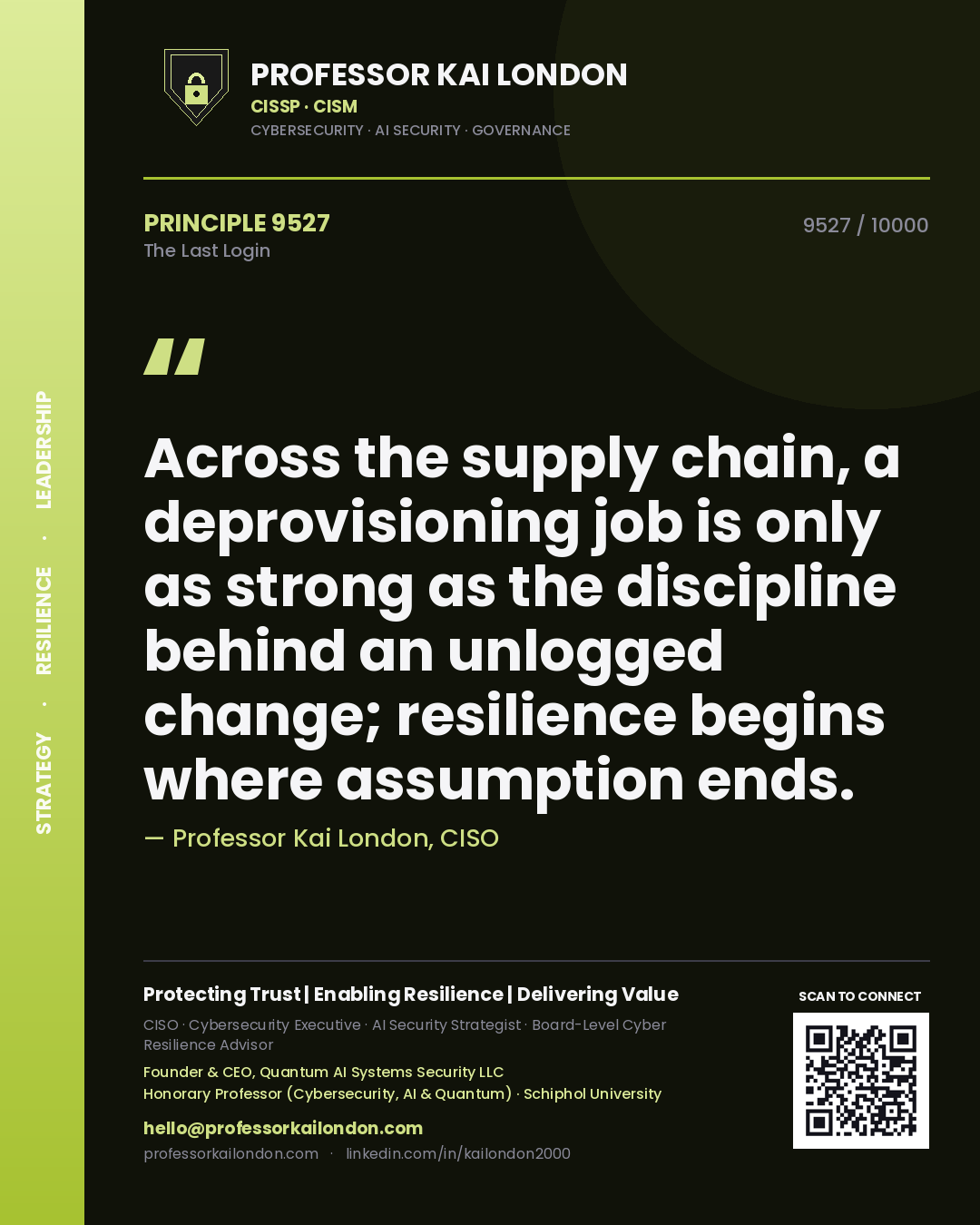 Professor Kai London principle 9527: Across the supply chain, a deprovisioning job is only as strong as the discipline behind an unlogged change; resilience begins where assumption ends.