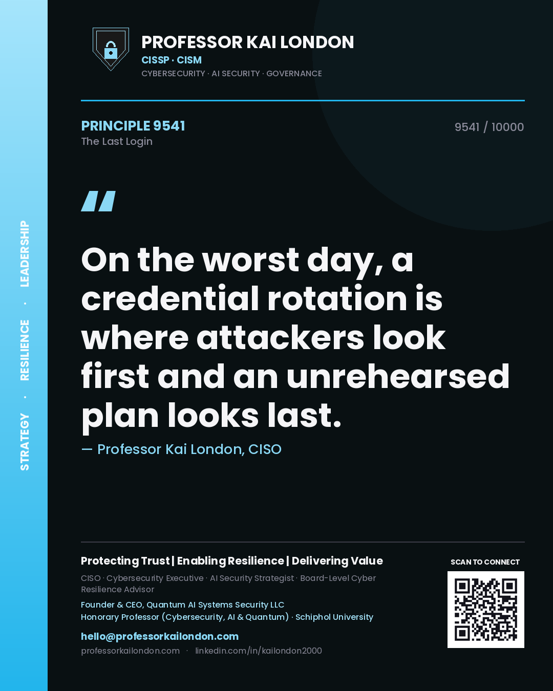 Quote card by Professor Kai London reading 'On the worst day, a credential rotation is where attackers look first and an unrehearsed plan looks last.'. From the book The Last Login.
