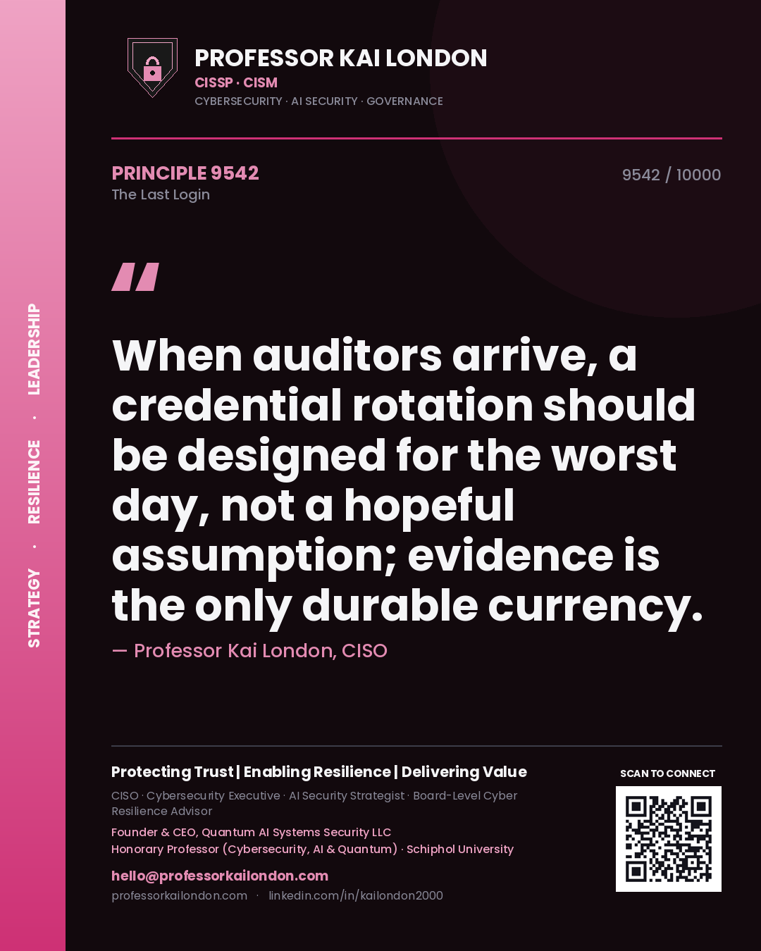Quote card by Professor Kai London reading 'When auditors arrive, a credential rotation should be designed for the worst day, not a hopeful assumption; evidence is the only durable currency.'. From the book The Last Login.