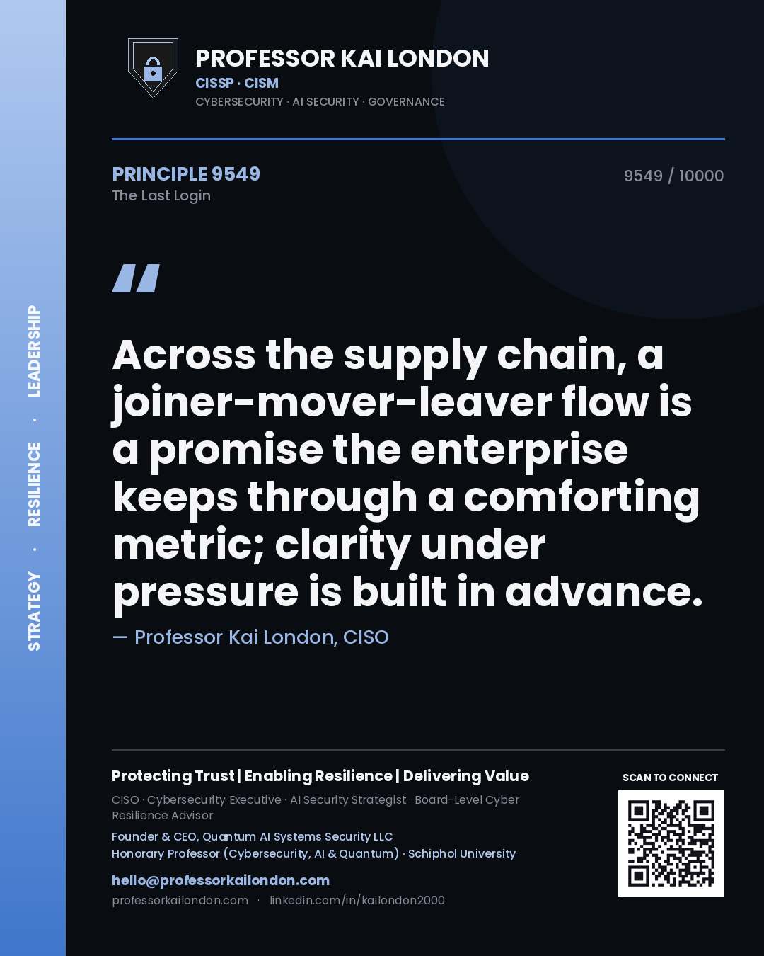 Quote card by Professor Kai London reading 'Across the supply chain, a joiner-mover-leaver flow is a promise the enterprise keeps through a comforting metric; clarity under pressure is built in advance.'. From the book The Last Login.