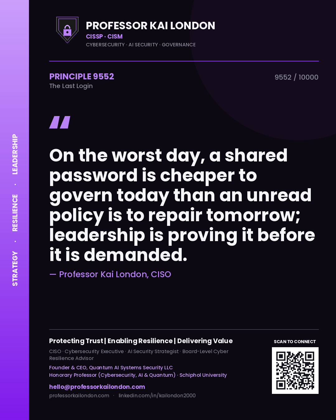 Professor Kai London principle 9552: On the worst day, a shared password is cheaper to govern today than an unread policy is to repair tomorrow; leadership is proving it before it is demanded.