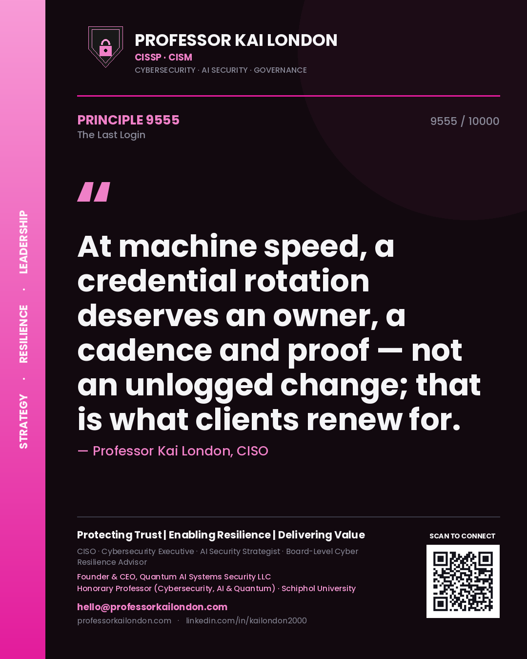 Professor Kai London principle 9555: At machine speed, a credential rotation deserves an owner, a cadence and proof — not an unlogged change; that is what clients renew for.