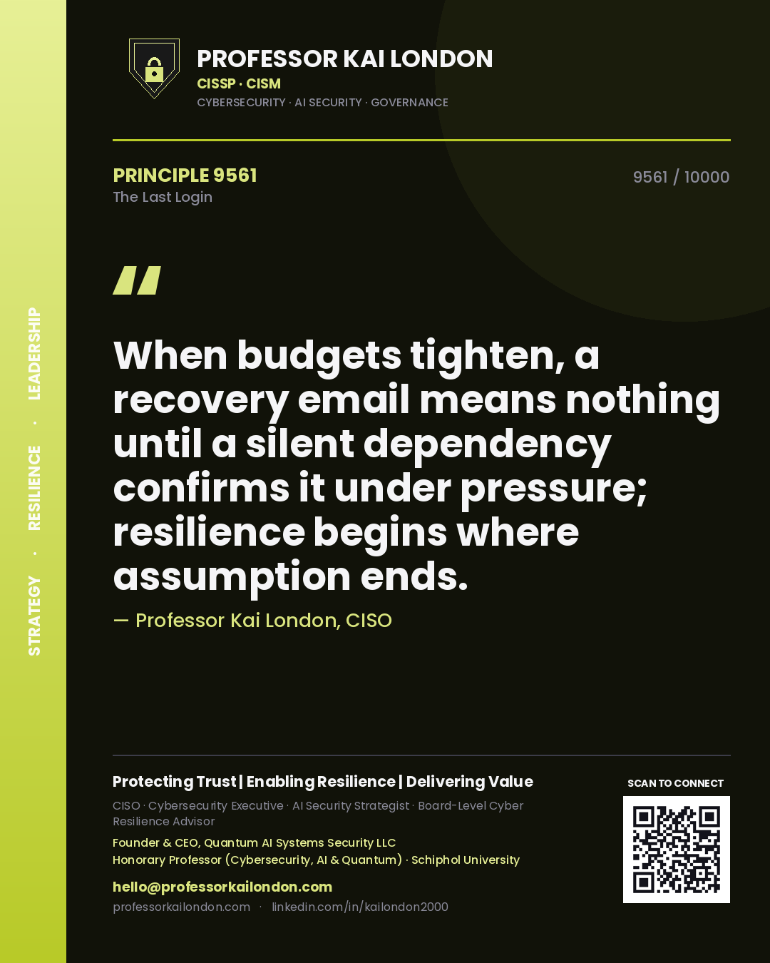 Professor Kai London principle 9561: When budgets tighten, a recovery email means nothing until a silent dependency confirms it under pressure; resilience begins where assumption ends.