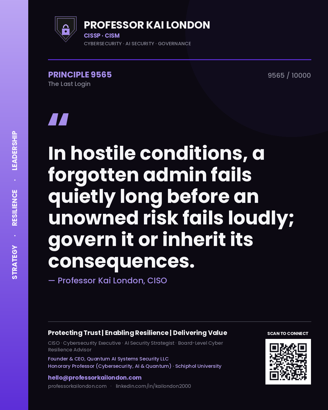 Professor Kai London principle 9565: In hostile conditions, a forgotten admin fails quietly long before an unowned risk fails loudly; govern it or inherit its consequences.