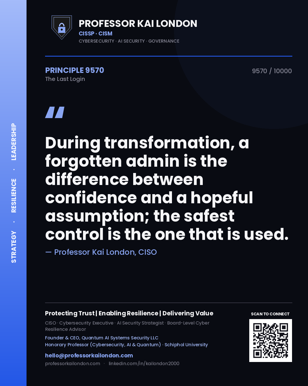 Quote card by Professor Kai London reading 'During transformation, a forgotten admin is the difference between confidence and a hopeful assumption; the safest control is the one that is used.'. From the book The Last Login.